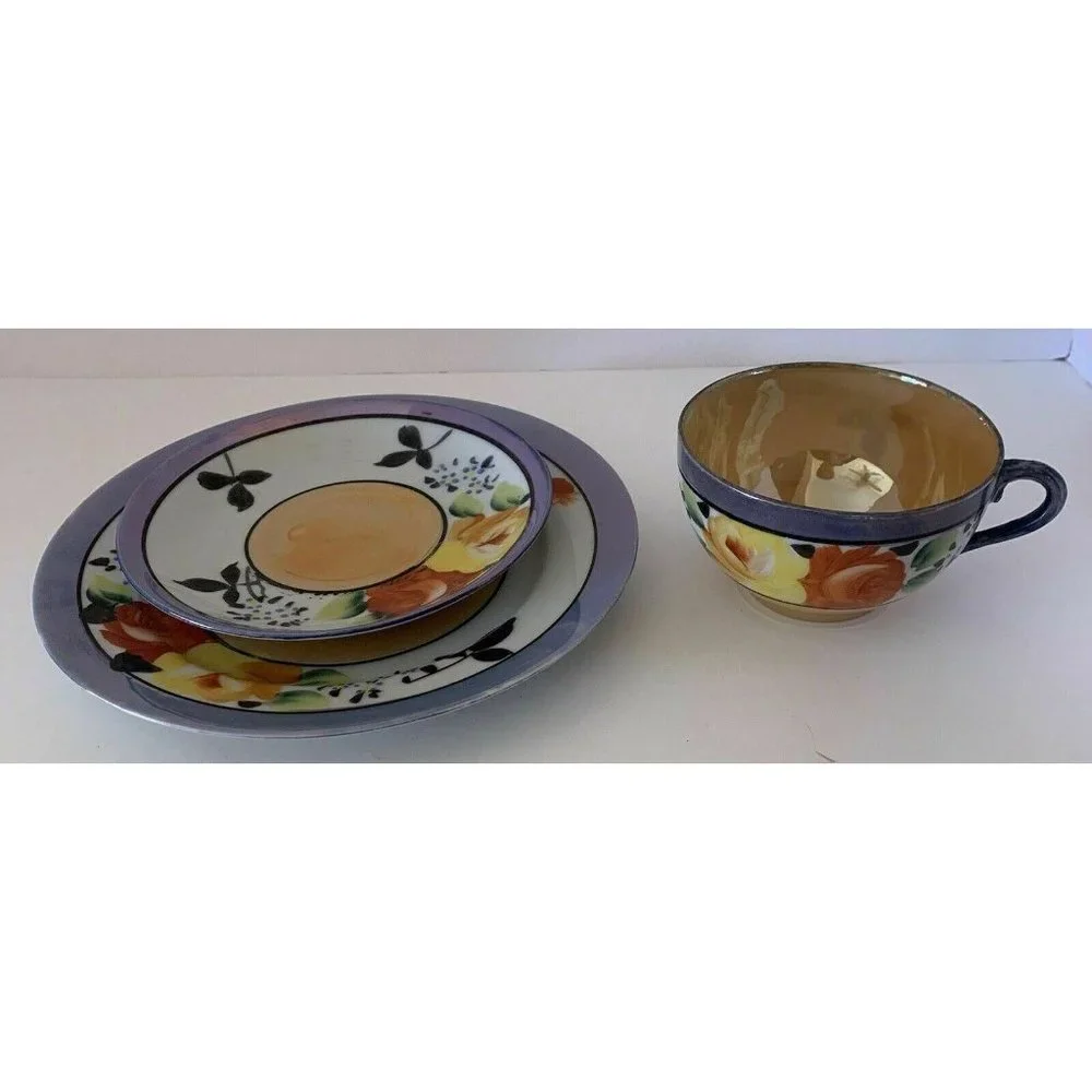 Vintage Lusterware Dessert Plate Cup Saucer Japan Peach Blue Floral Lustreware - Picture 4 of 5